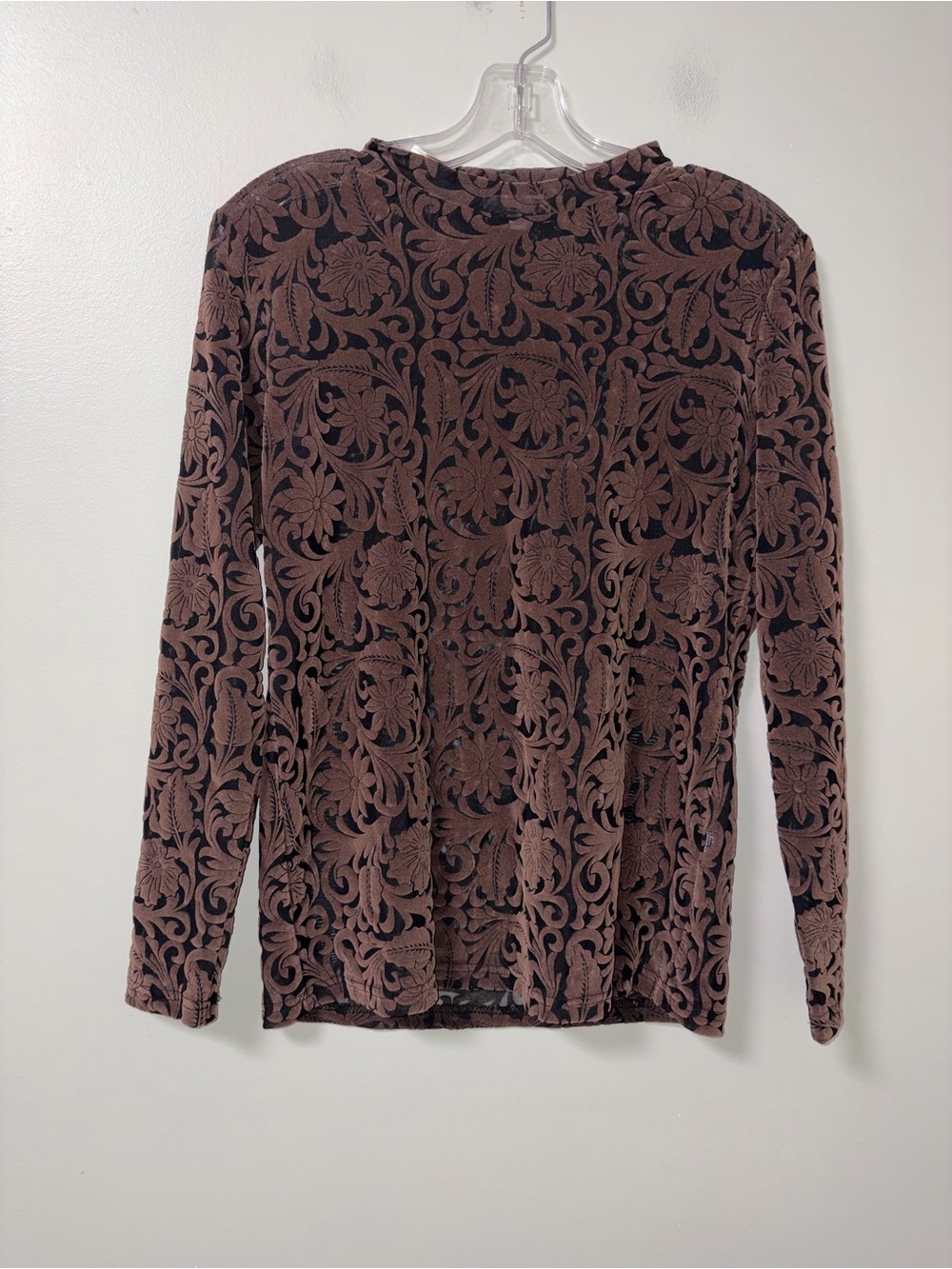 Fang Brown Velvet Burnout Floral Damask Long Sleeve Top Y2K Vibes Whimsigoth M
